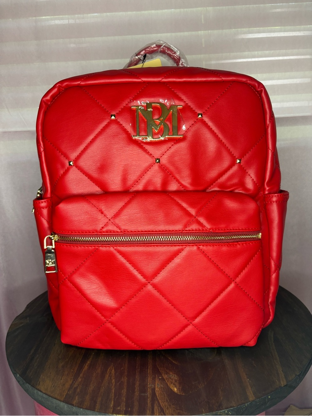 Badgley Mischka Red Quilted Backpack with Gold Hardware